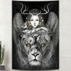 LARGE Hippie Girl Flower Black White Lion Wall Decor Bohemian Tapestry 90" x 71"